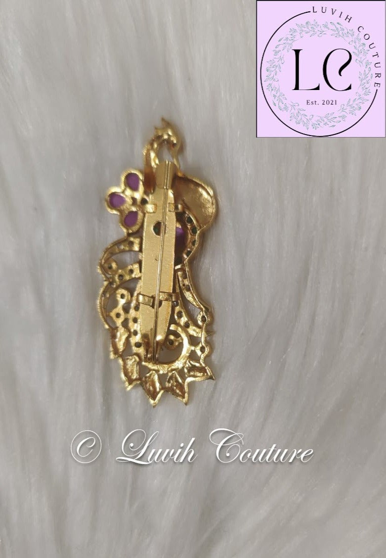Peacock Floral Saree Pin or Brocches Vintage Pin Back side, Luvih Couture