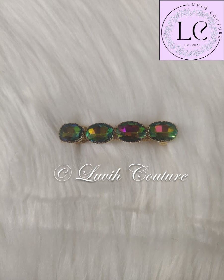 Peacock Green Oval Crystal Hair Clips For Women, Luvih Couture