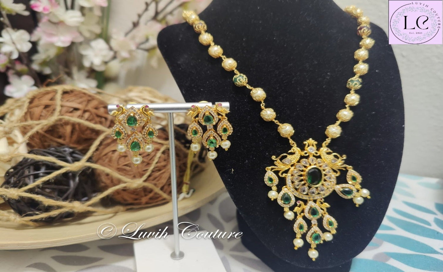 Peacock Necklace Set Green Imitation Necklace with earrings for Kids or Women-Luvih Couture