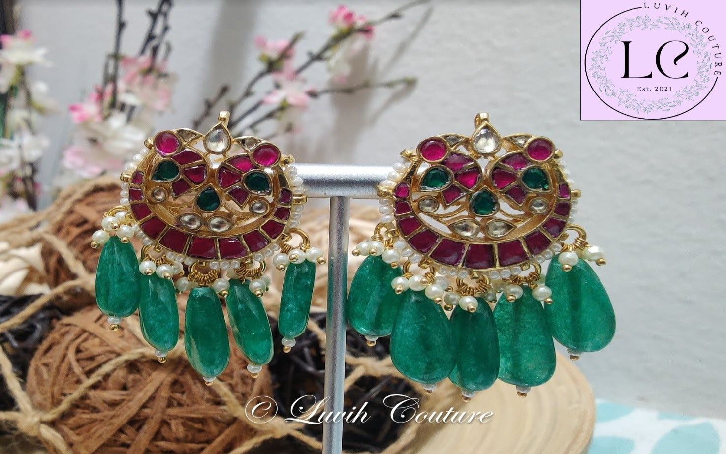 Pachi Kundan Peacock Necklace or Long Haram with 14 Strands Each side with stones and Pearls/ Jewelry/Necklaces/ Luvih Couture, Luvih Couture