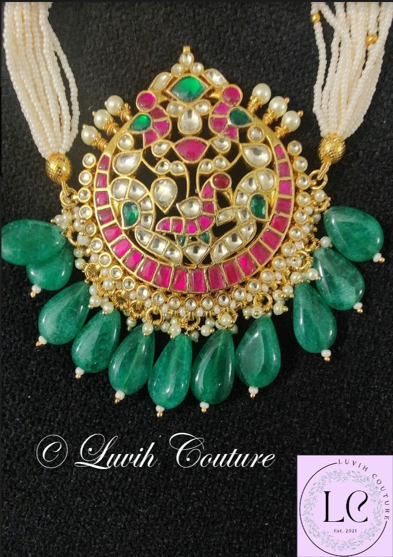 Pachi Kundan Peacock Necklace or Long Haram with 14 Strands Each side with stones and Pearls/ Jewelry/Necklaces/ Luvih Couture, Luvih Couture