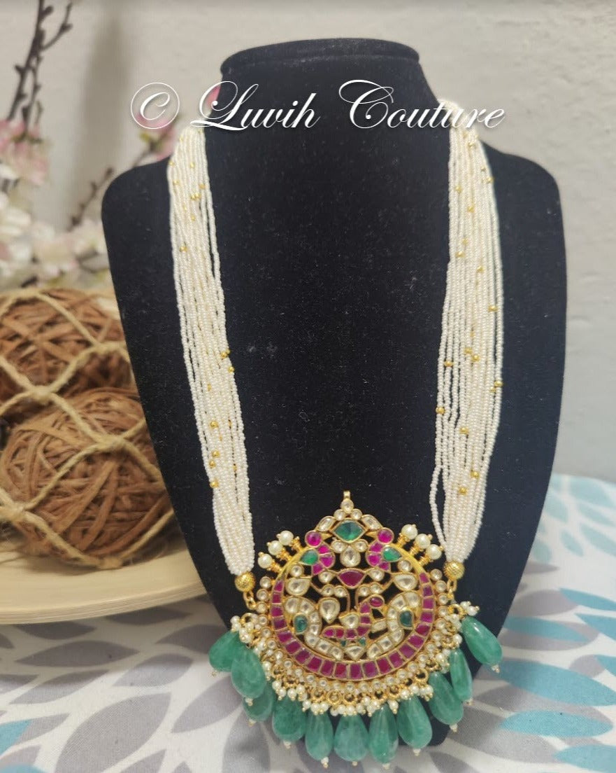 Pachi Kundan Peacock Necklace or Long Haram with 14 Strands Each side with stones and Pearls/ Jewelry/Necklaces/ Luvih Couture, Luvih Couture