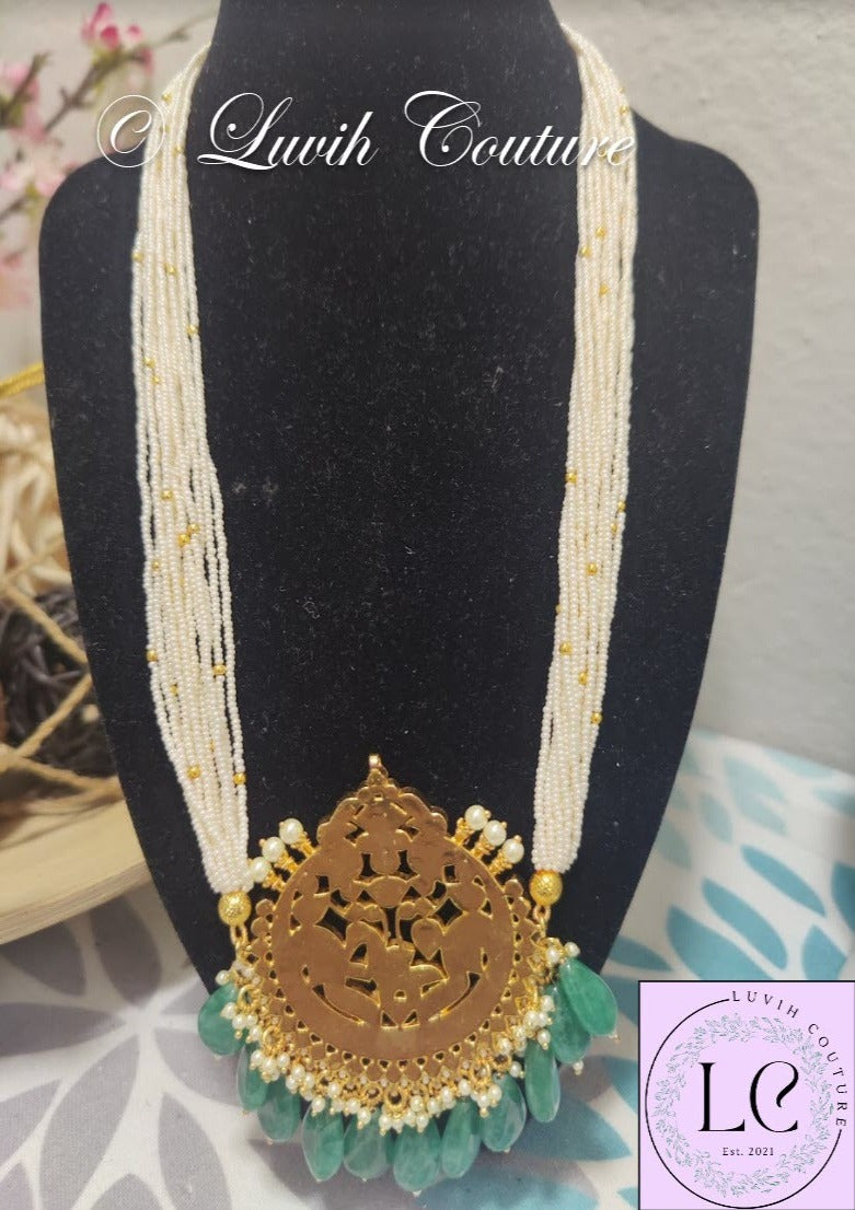 Pachi Kundan Peacock Necklace or Long Haram with 14 Strands Each side with stones and Pearls/ Jewelry/Necklaces/ Luvih Couture, Luvih Couture