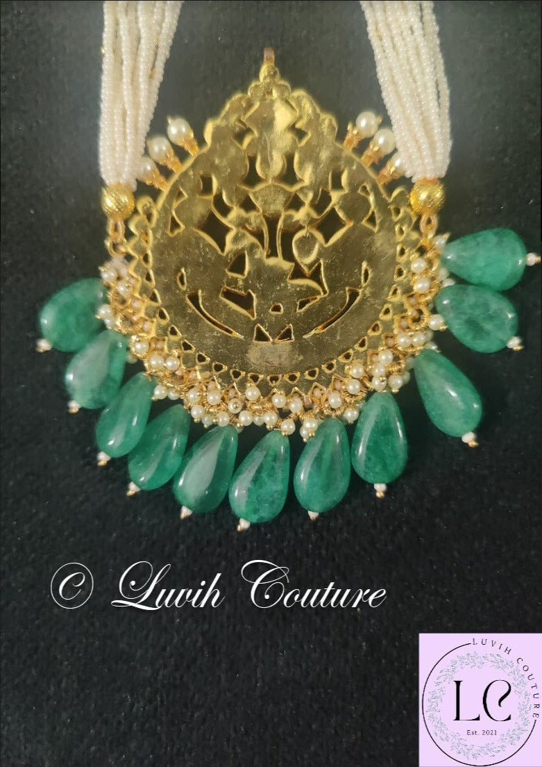 Pachi Kundan Peacock Necklace or Long Haram with 14 Strands Each side with stones and Pearls/ Jewelry/Necklaces/ Luvih Couture, Luvih Couture