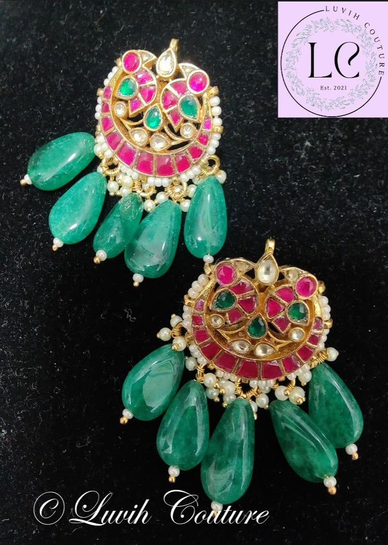 Pachi Kundan Peacock Necklace or Long Haram with 14 Strands Each side with stones and Pearls/ Jewelry/Necklaces/ Luvih Couture, Luvih Couture