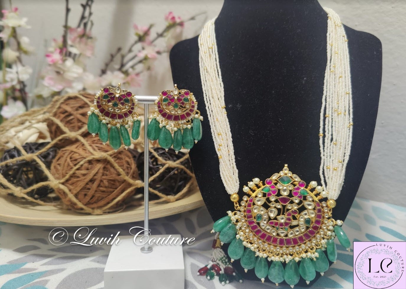 Pachi Kundan Peacock Necklace or Long Haram with 14 Strands Each side with stones and Pearls/ Jewelry/Necklaces/ Luvih Couture, Luvih Couture