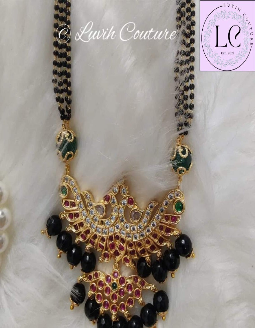 Dual Peacock Pendant or Locket Mangalsutra or Black Beads Imitation Necklace for Women, Luvih Couture
