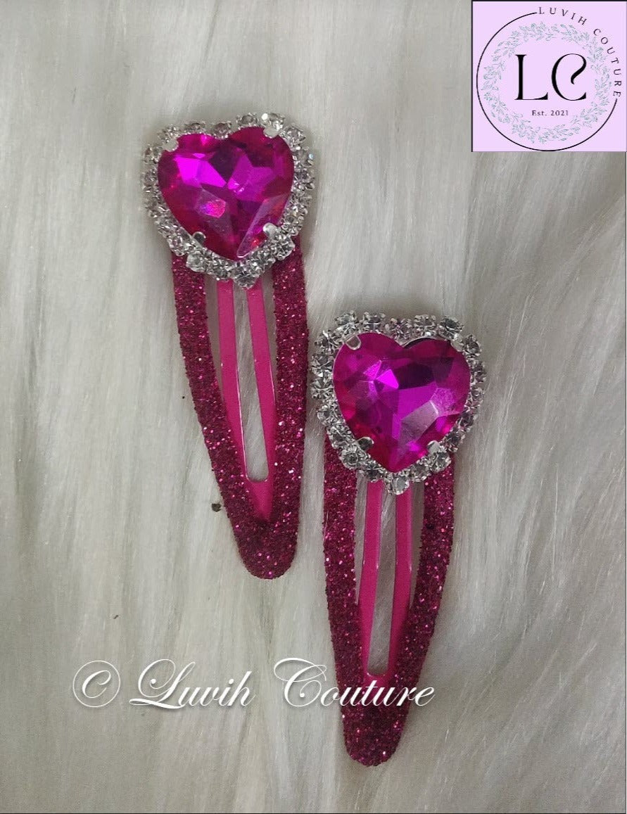 Handmade Sparkle Heart Shape Hair Clips with Red Crystals, Luvih Couture