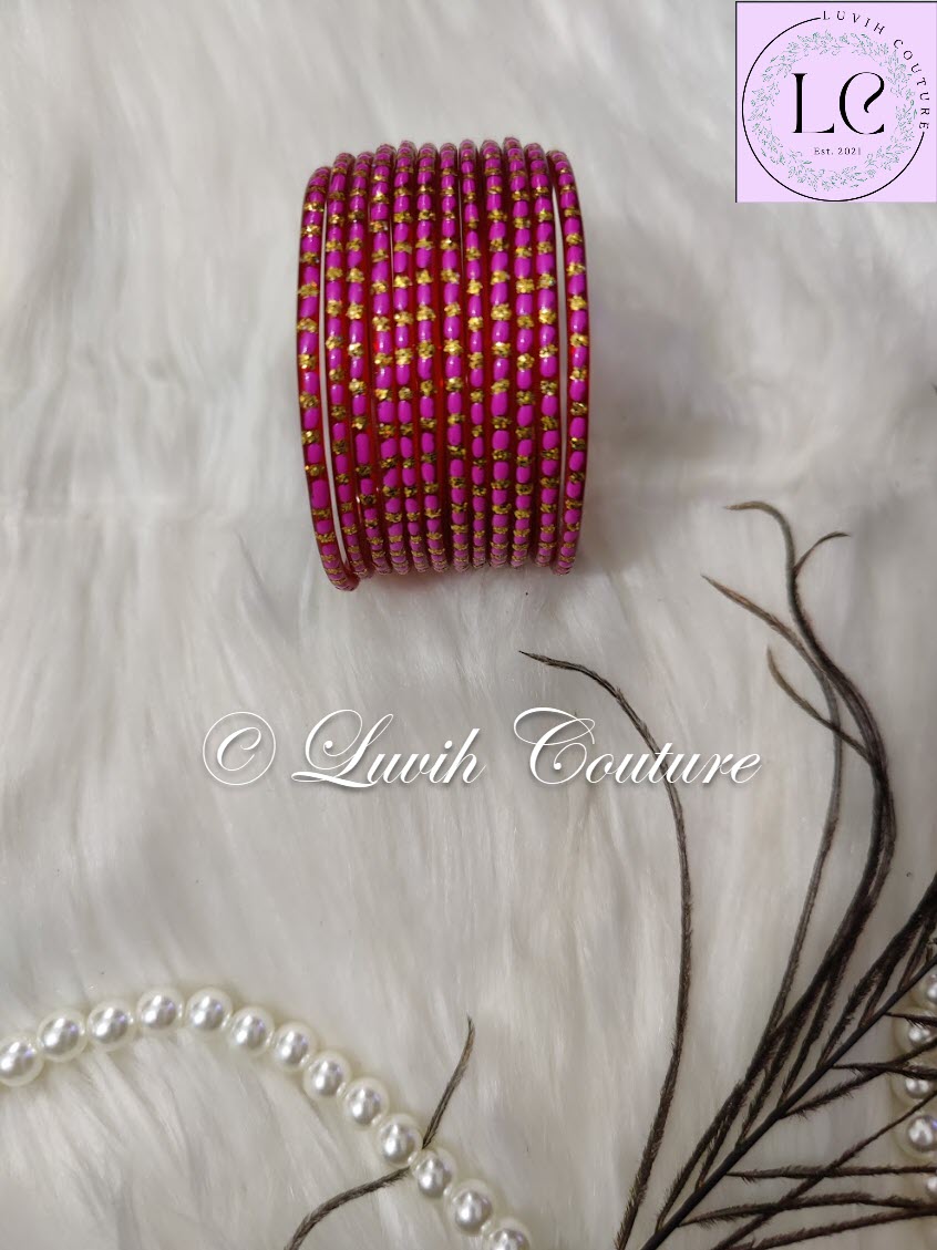 Pink Oval Dot & Sparkle Glass Bangles for Girls , Teens, Women