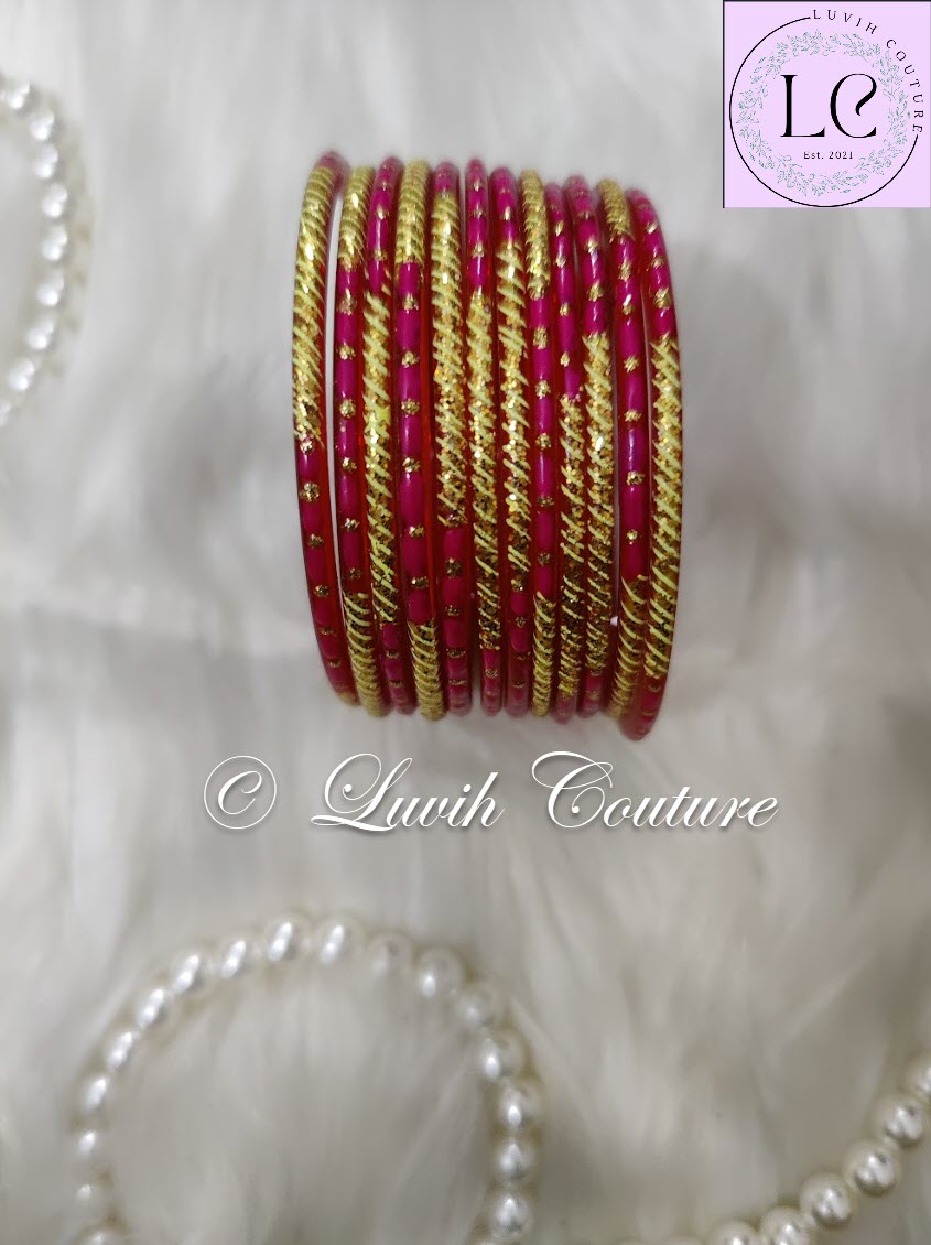Pink Oval Dot And Criss Cross sparkle Glass Bangles for Girls, Teens, Women