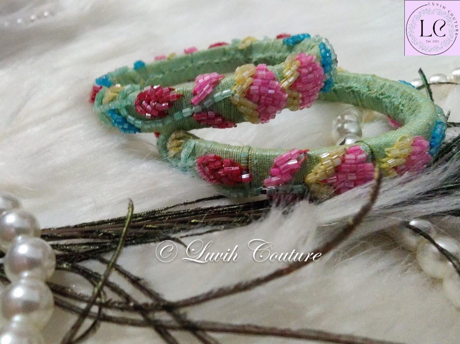 Pistachio Green Floral Maggam Bangles/ Raw silk Bangles for women 2.6-Luvih Couture