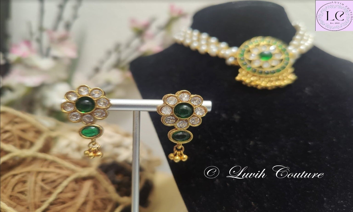 Polki Green Earrings , Imitation Jewelry, Imitation Necklaces, Gold Replica, Women's Necklace, Luvih Couture