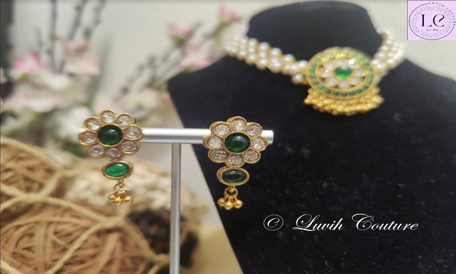 Polki Green Earrings , Imitation Jewelry, Imitation Necklaces, Gold Replica, Women's Necklace, Luvih Couture