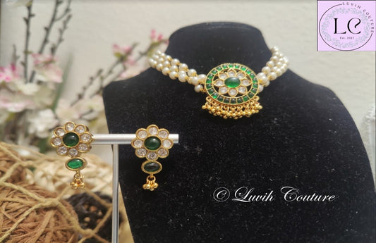 Green Polki Necklace Set Or Choker Set for Women, Imitation Jewelry, Imitation Necklace set, Luvih Couture