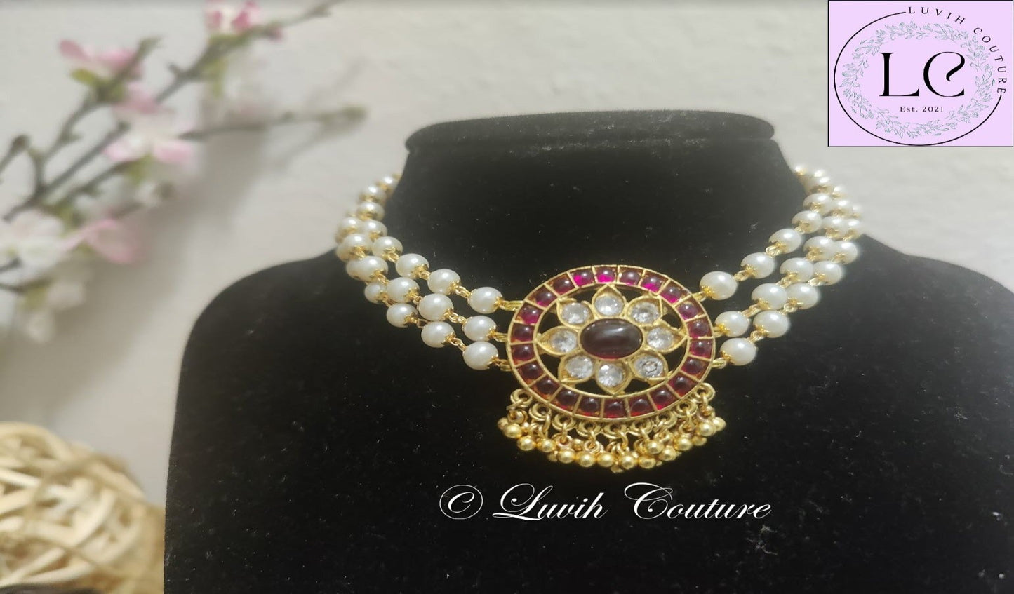 Red Color Pearls Polki Choker , Imitation Jewelry, Imitation Necklace, Women's Necklace, Luvih Couture