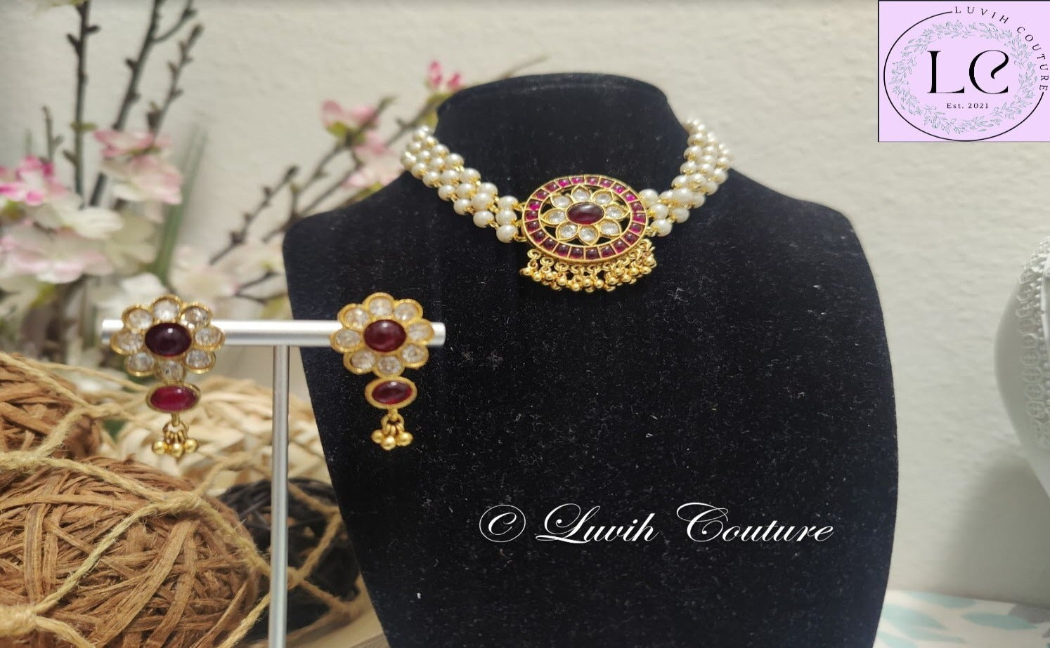 Polki Red Choker Necklace set for women , Imitation Jewelry, Imitation Necklace, Luvih Couture