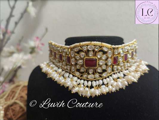 Jadau Kundan Grand choker necklace- Red, Luvih Couture