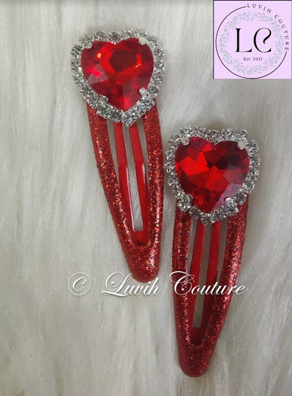 Handmade Sparkle Heart Shape Hair Clips with Red Crystals, Luvih Couture