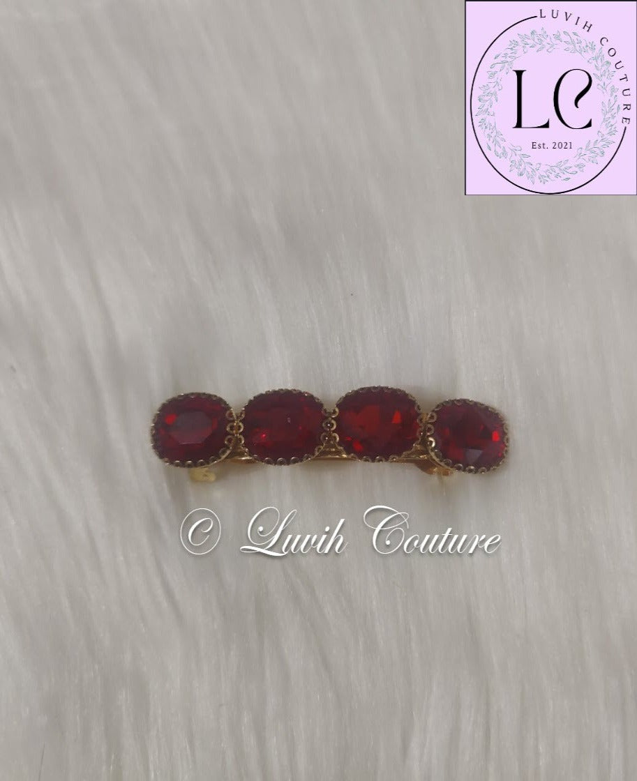 Red Oval Crystal Hair Clips For Women, Luvih Couture