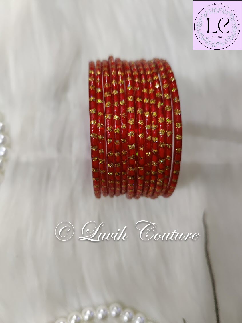Red Oval Dot & Sparkle Glass Bangles for Girls , Teens, Women