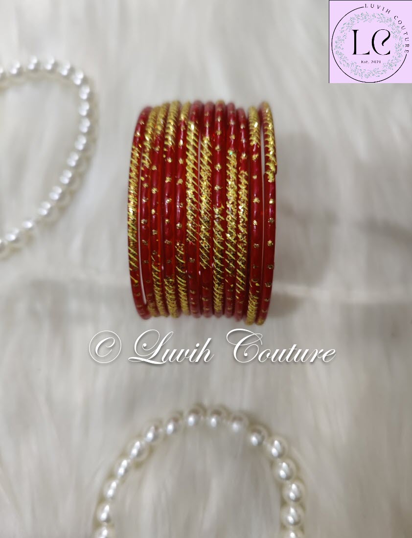 Red Oval Dot And Criss Cross sparkle Glass Bangles for Girls, Teens, Women