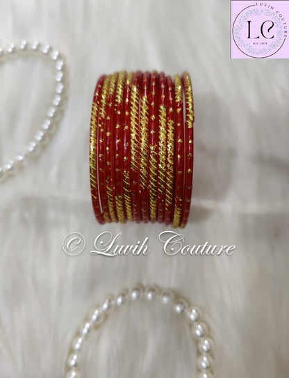 Red Oval Dot And Criss Cross sparkle Glass Bangles for Girls, Teens, Women