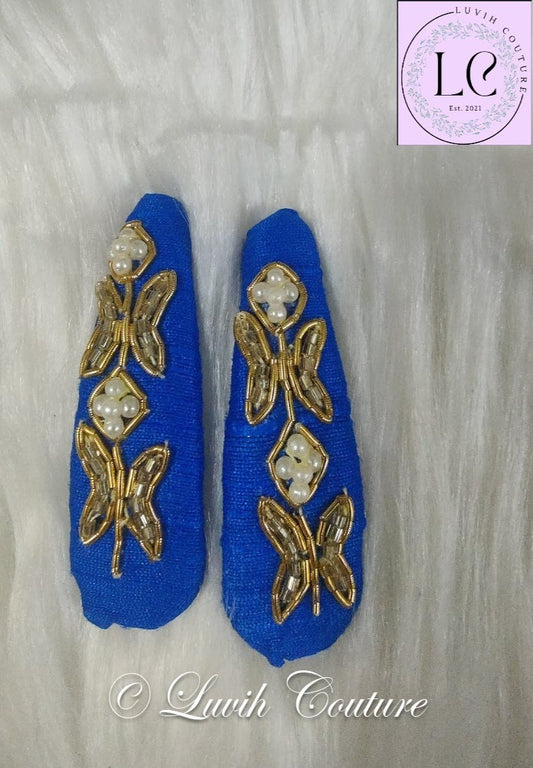 Royal Blue Butterfly Maggam Hair Clips or Raw silk Hair Clips for babies, toddlers, girls, teens, women, Luvih Couture