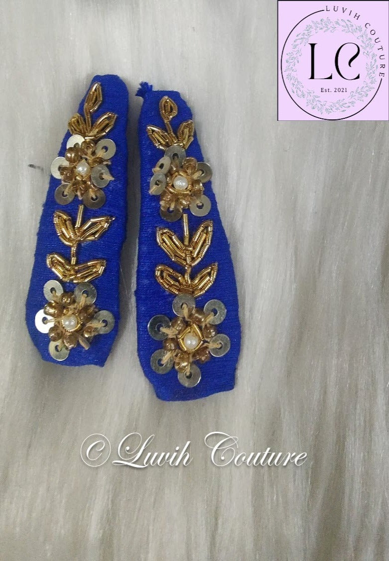 Royal Blue Floral Maggam hair clips or Raw silk Maggam hair clips for babies, toddlers, Girls, Teens, Women, Luvih Couture