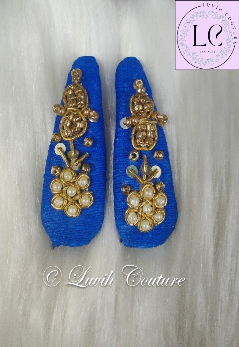 Royal Blue Floral designer Maggam hair Clips or Raw silk Hair Clips for babies, toddlers,  girls, teens, women, Luvih Couture