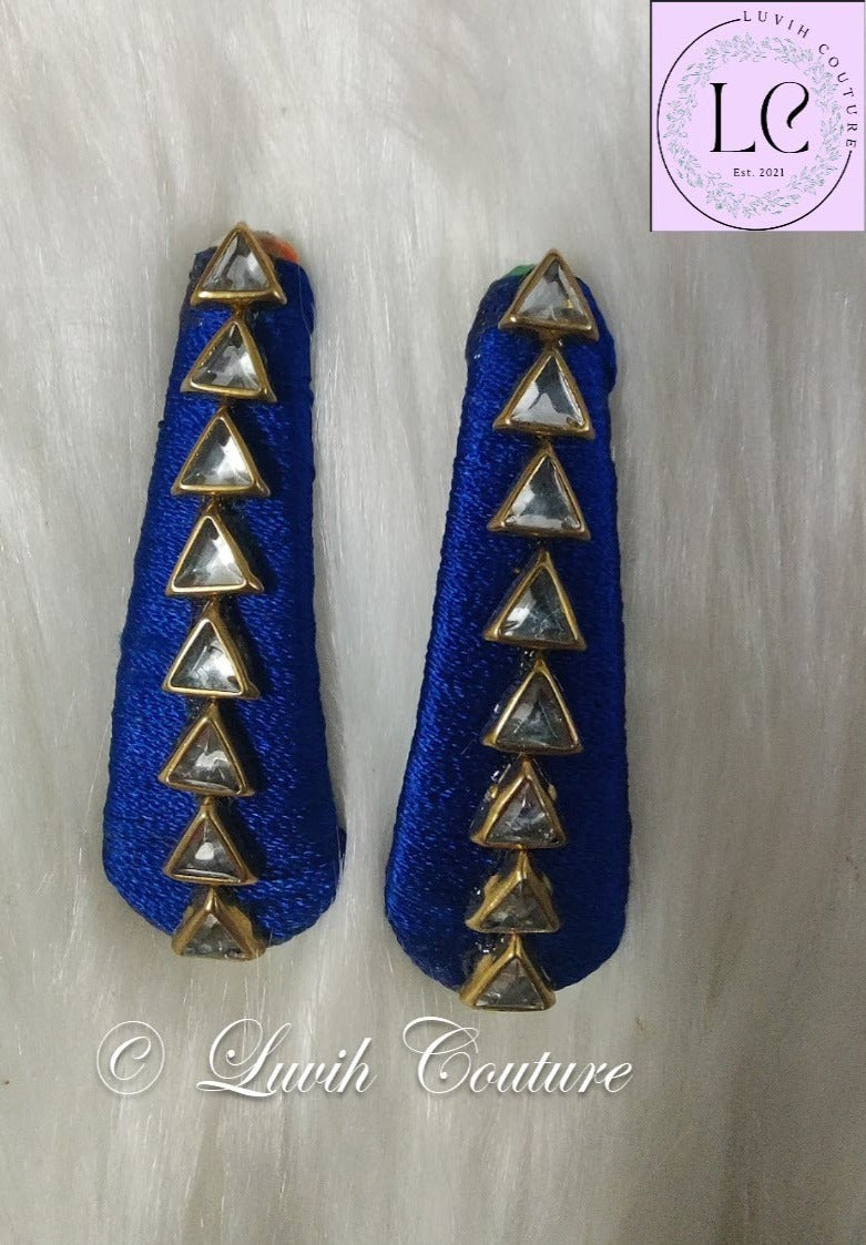 Royal Blue Silk Thread Hair Clips Triangle Design for Kids, Luvih Couture