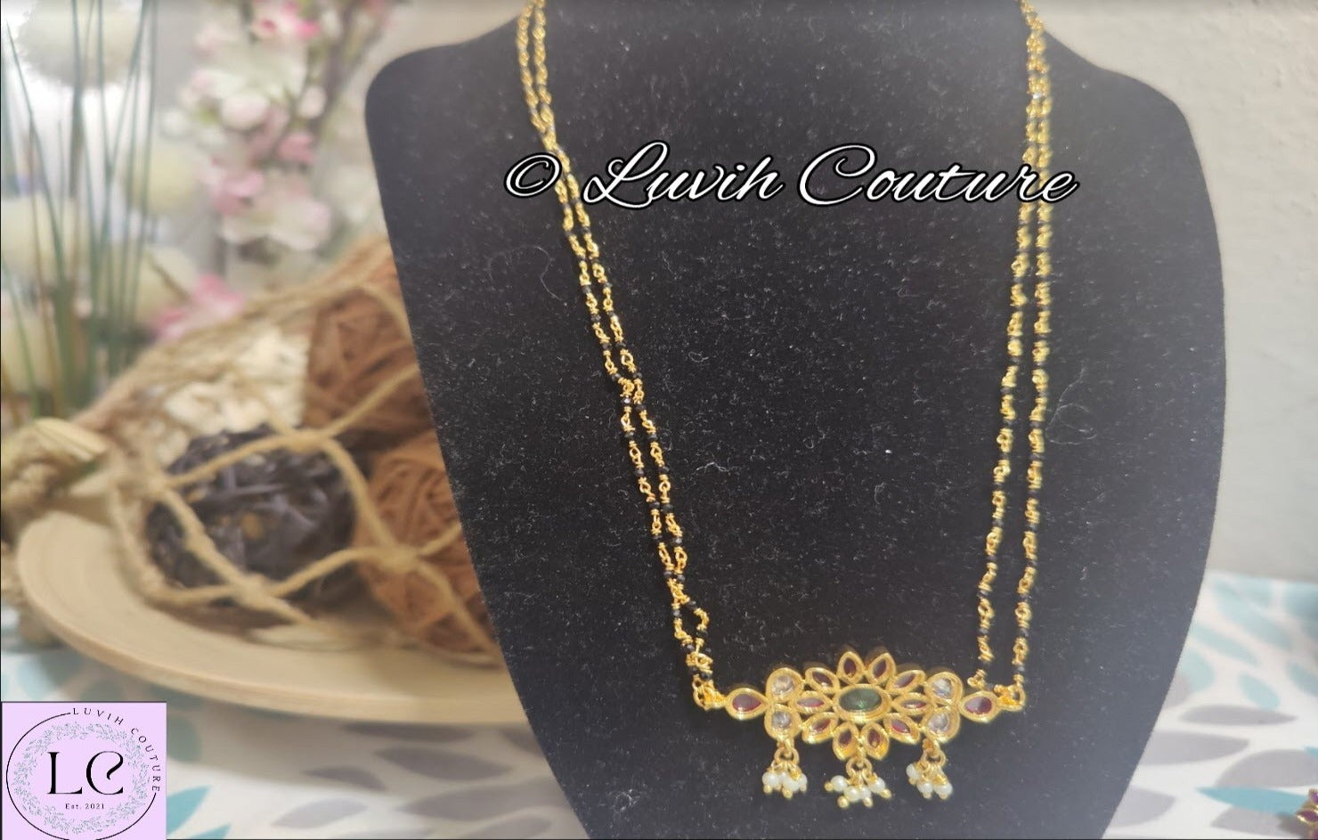 CZ ruby Black beads/ Managalsutra back side, Luvih Couture