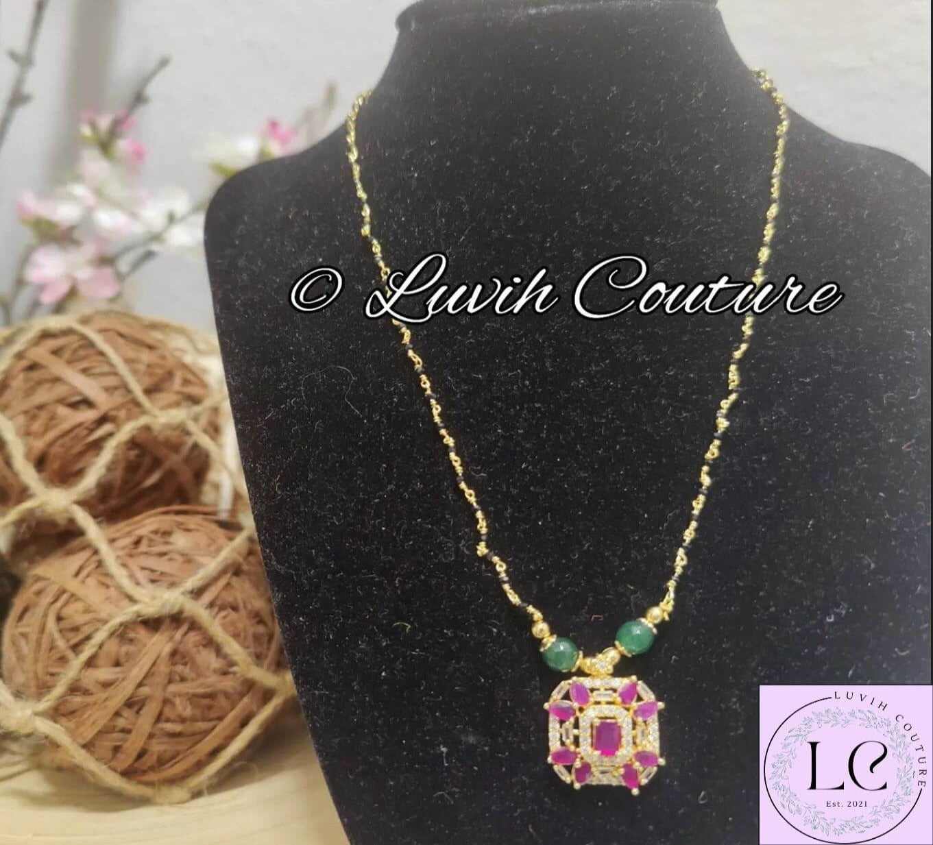 Cz Ruby Mangala sutra Or Black Beads, Luvih Couture