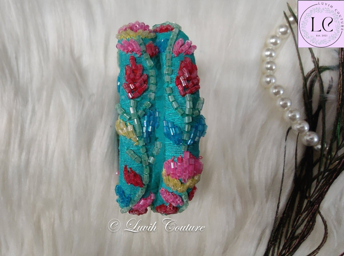 Sea Green Floral Maggam Bangles/ Raw silk Bangles for women 2.6-Luvih Couture