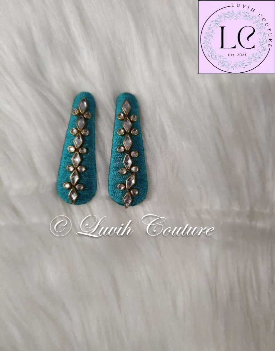 Sea Green Silk thread Hair Clips Rhombus and dot shape for kids, toddlers, girls, Luvih Couture