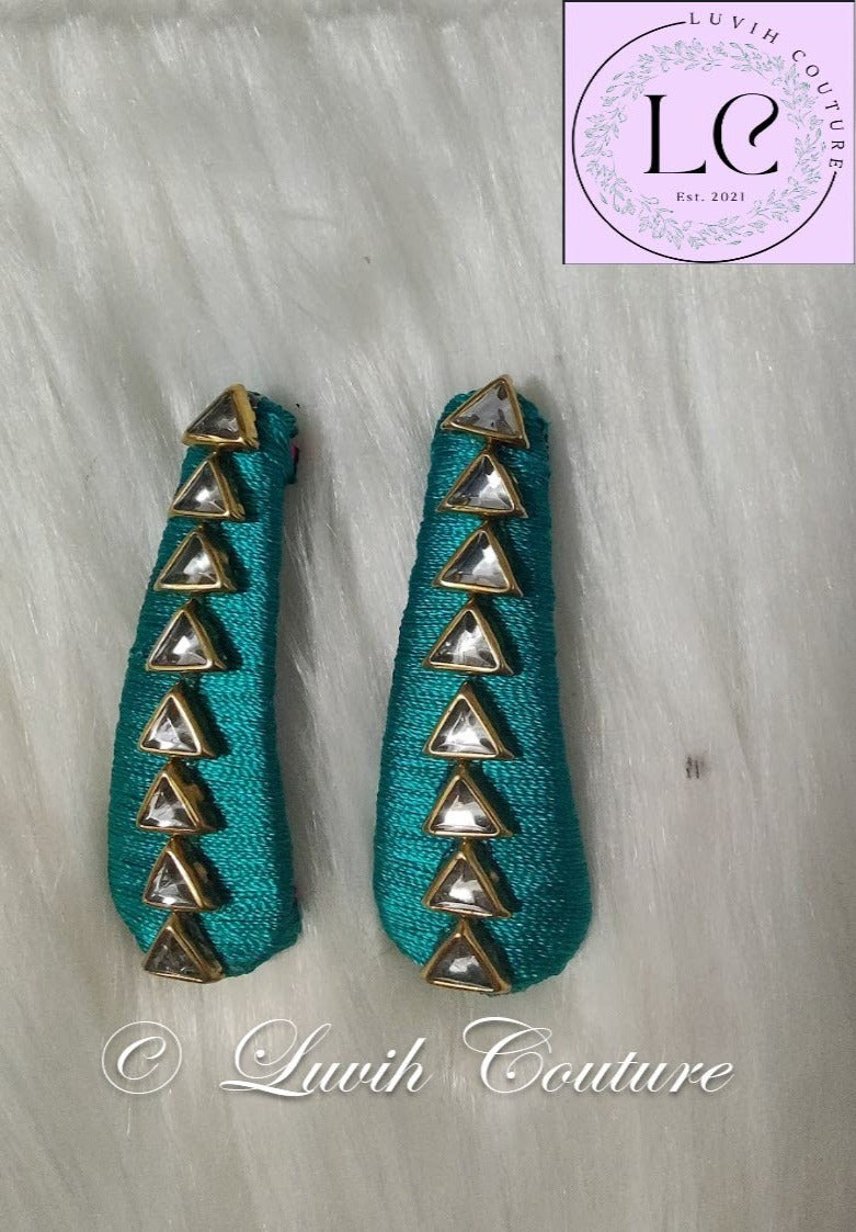Sea Green Silk Thread Hair Clips Triangle Design for  kids, Luvih Couture