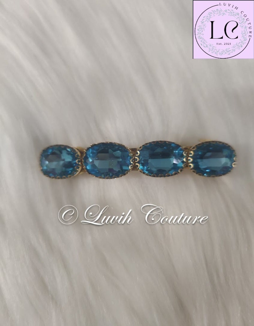 Sky Blue Oval Crystal Hair Clips For Women, Luvih Couture