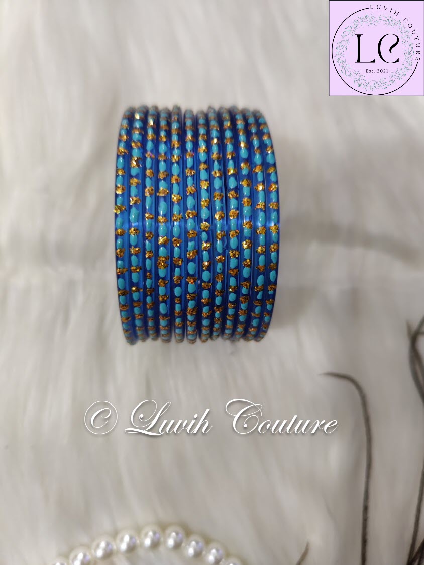 Sky Blue Oval Dot & Sparkle Glass Bangles for Girls , Teens, Women