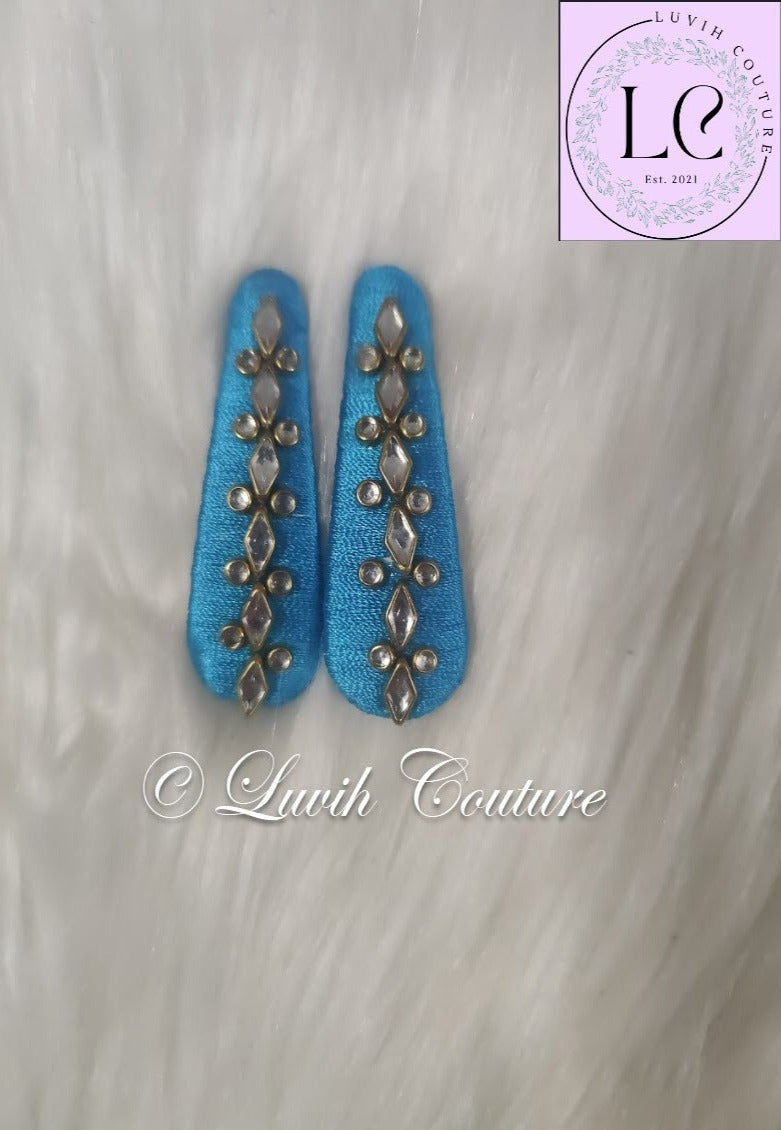 Sky Blue  Silk thread Hair Clips Rhombus and dot shape for kids, toddlers, girls, Luvih Couture