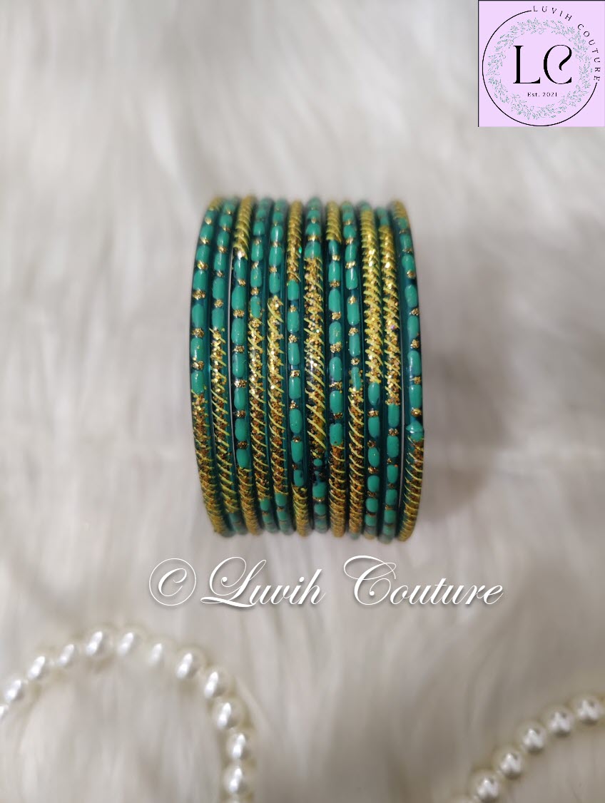 Teal Oval Dot And Criss Cross sparkle Glass Bangles for Girls, Teens, Women