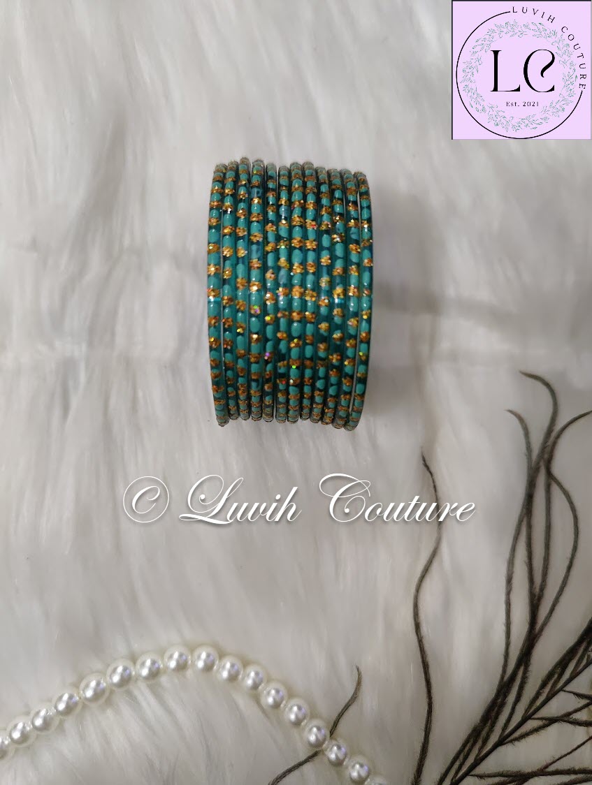 Teal Oval Dot & Sparkle Glass Bangles for Girls , Teens, Women