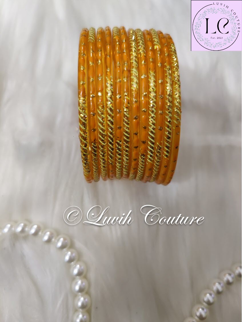 Turmeric Oval Dot And Criss Cross sparkle Glass Bangles for Girls, Teens, Women