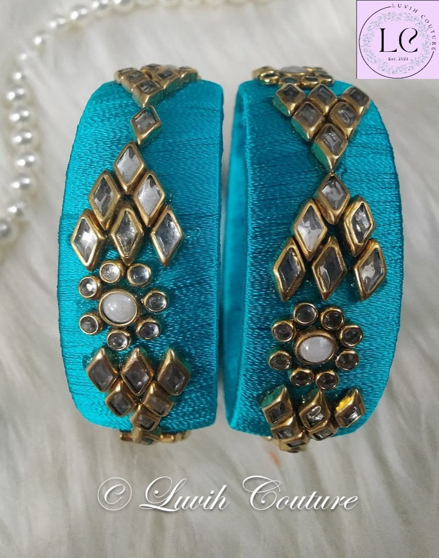 Handmade Silk thread Bangles with Flower and Rhombus Design
