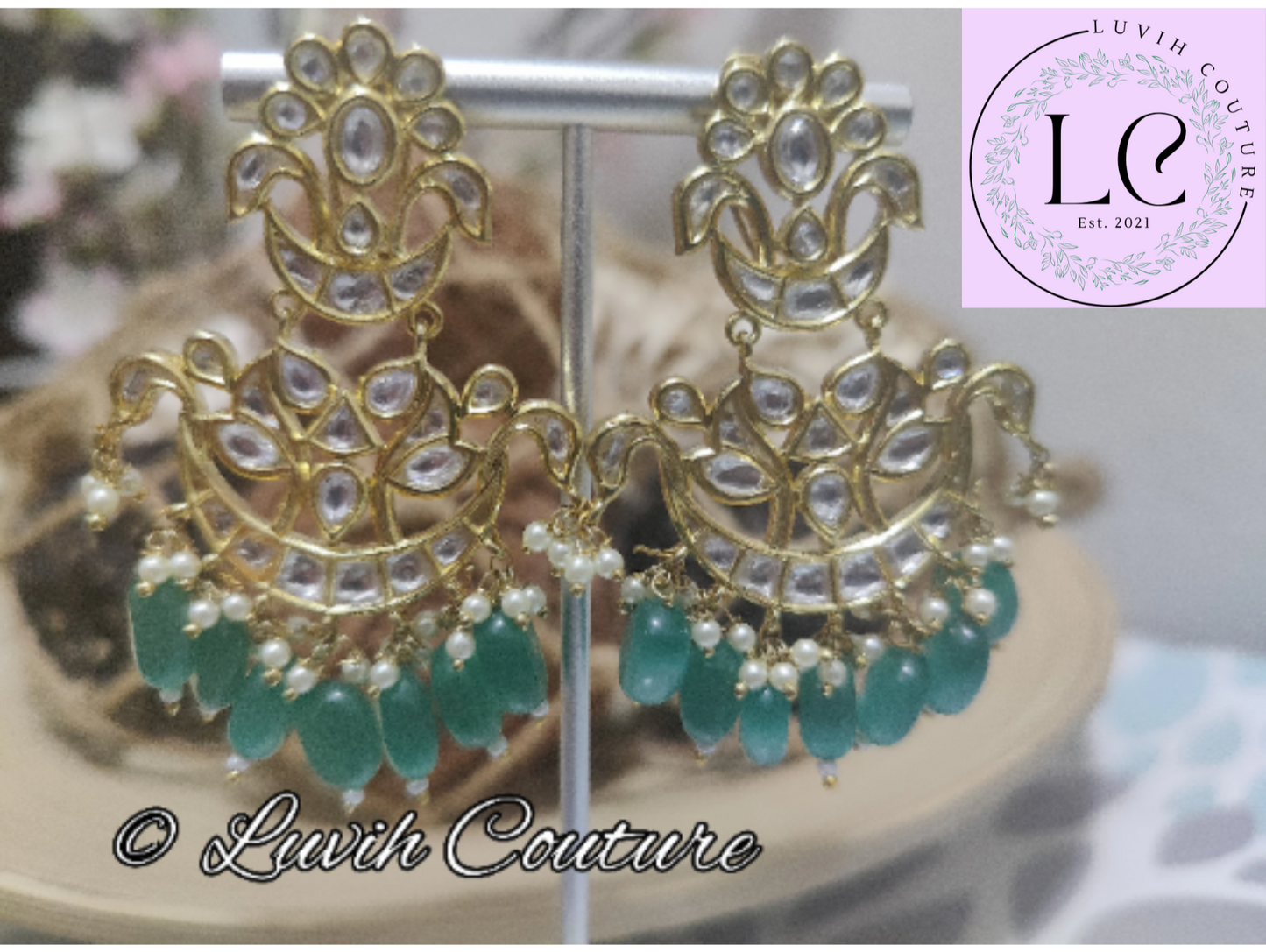 Pachi kundan earrings green, Luvih Couture