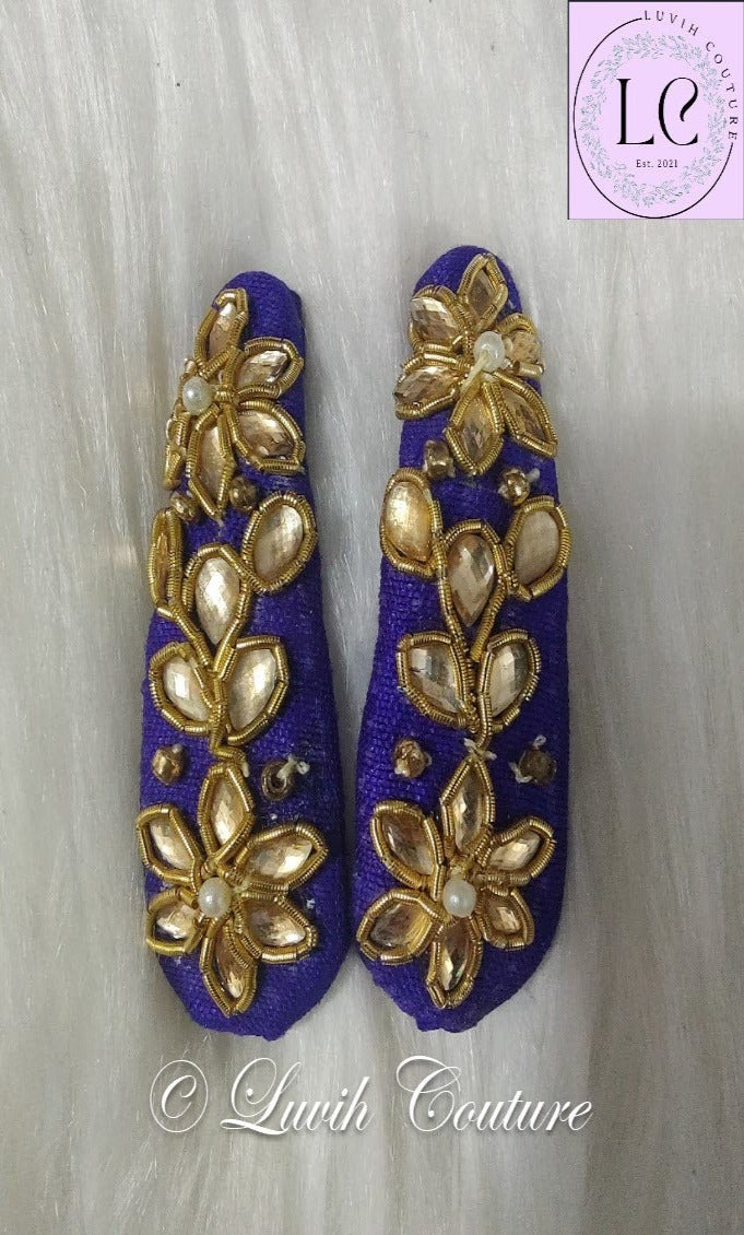 Violet Flower Maggam work Hair Clips or Raw Silk Hair Clips, Hair Pins, Hair Claws , barrettes , Hair Accessories for babies, toddlers, girls, teens , women, Luvih Couture