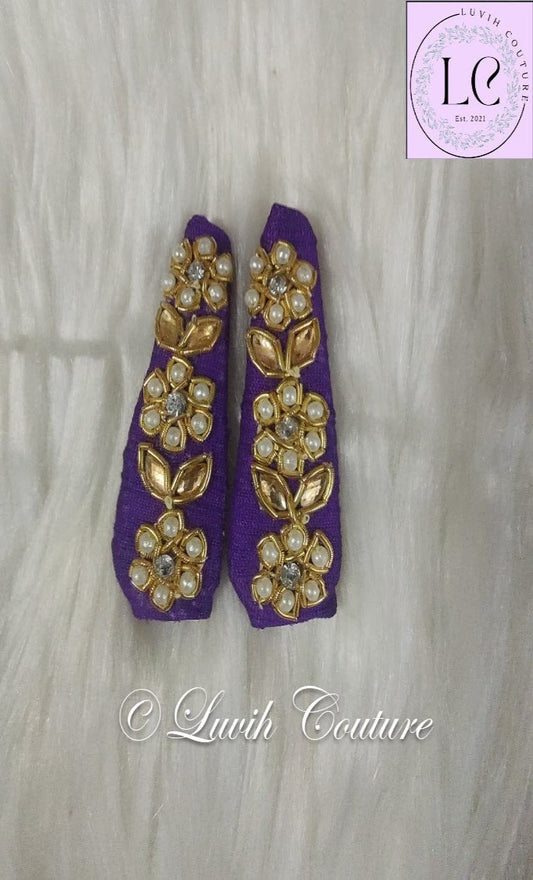 Violet Flower and Leaf Maggam Hair Clips or Raw silk Hair Clips for babies, toddlers, girls, teens, Women, Luvih Couture