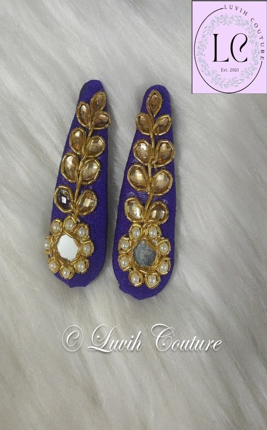 Violet Mirror Floral Leaf Maggam hair clips or Raw silk hair clips for babies, toddlers, girls, teens and women, Luvih Couture