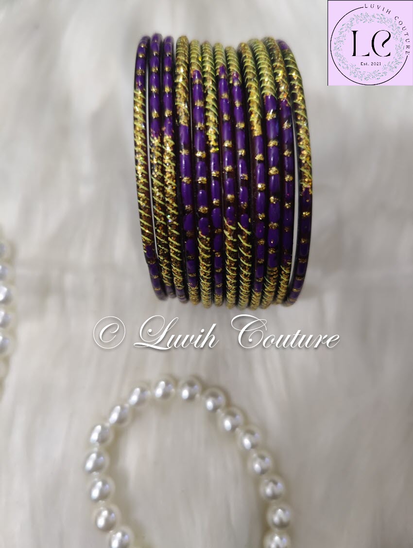 Violet Oval Dot And Criss Cross sparkle Glass Bangles for Girls, Teens, Women