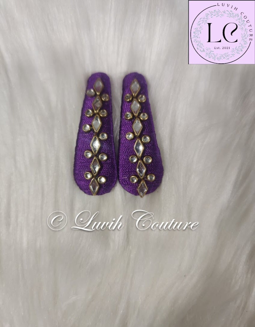 Violet Silk thread Hair Clips Rhombus and dot shape for kids, toddlers, girls, Luvih Couture