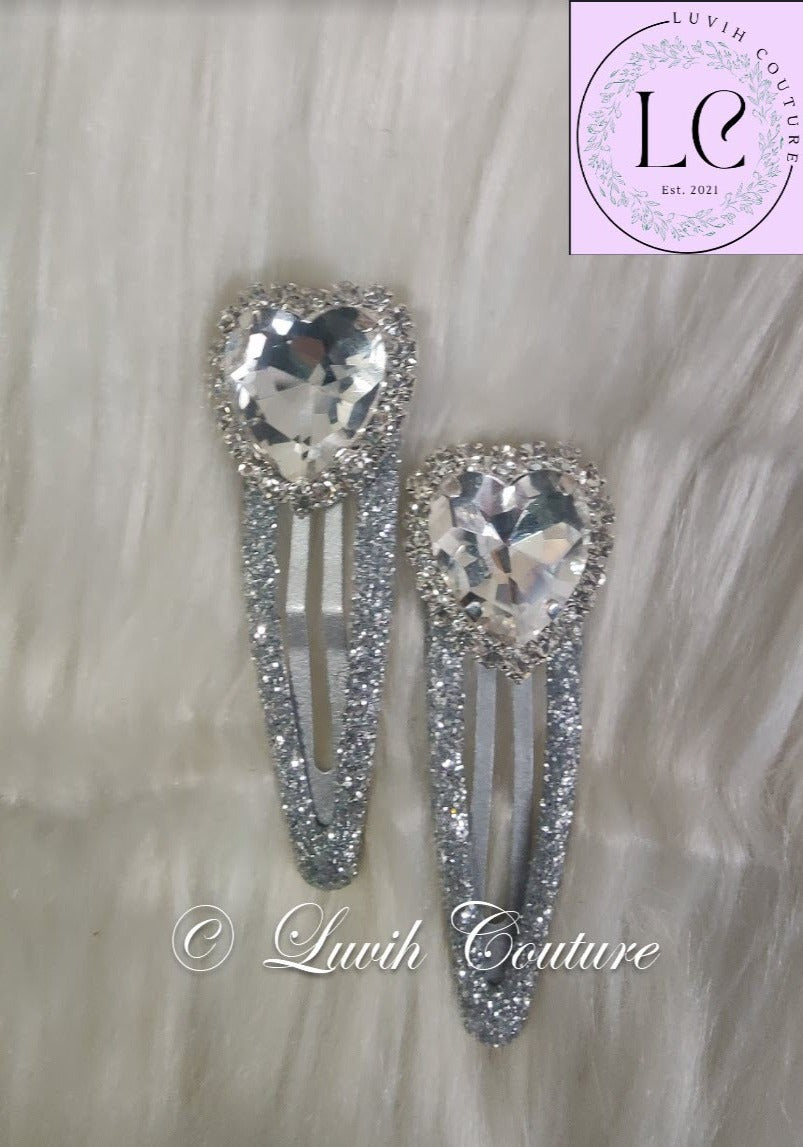 Handmade Sparkle Heart Shape Hair Clips with White Crystals, Luvih Couture