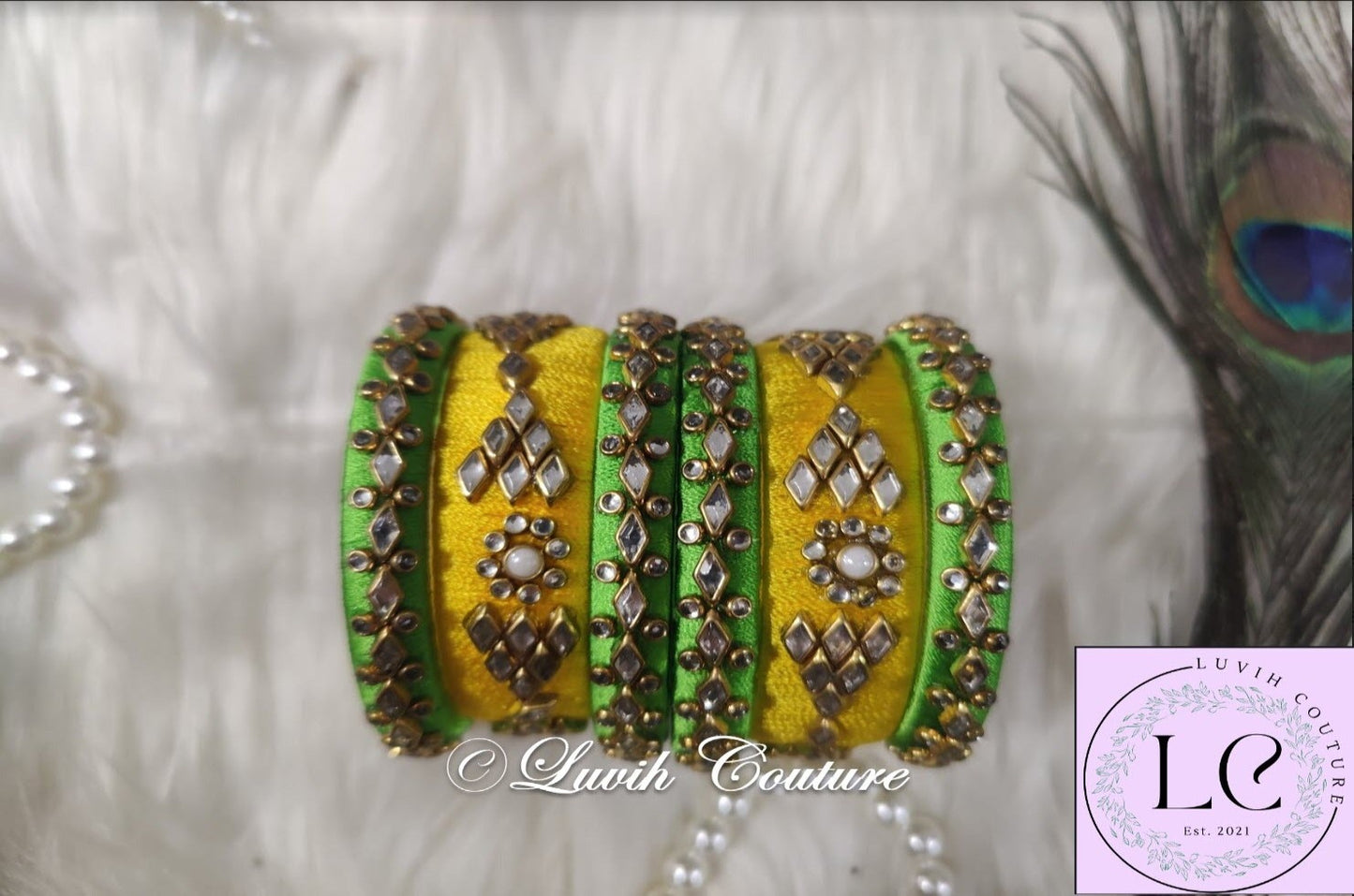 Silk thread bangles Parrot green and yellow combination bangles, Luvih Couture